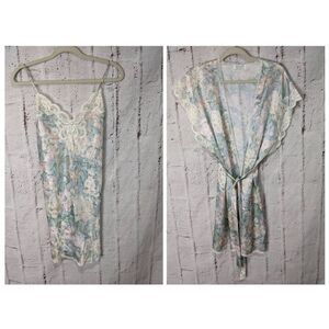 Vintage Lucie Ann Pastel Pink Blue Floral Robe Short Lace Kimono and Nightgown s